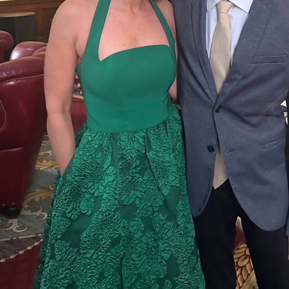 Marchesa Notte Green Embroidered Midi Dress
